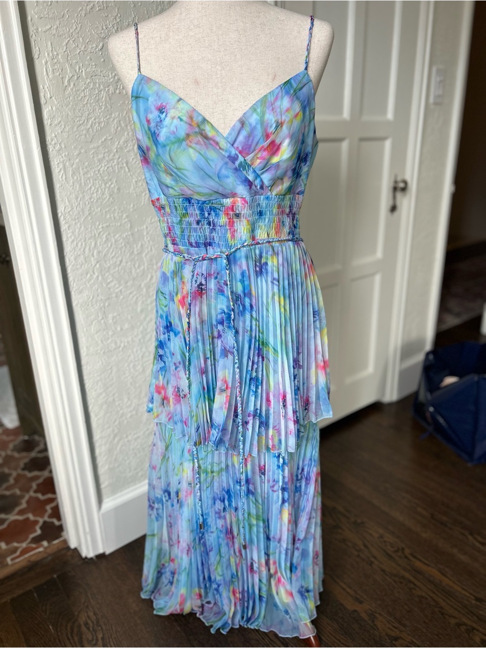 Marchesa Notte Multicolor Watercolor Pleated Midi Gown NWT